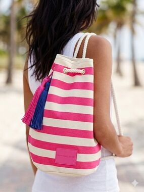 Victoria's Secret Pink Stripe Canvas Bucket Backpack Tote Bag NWT Limited